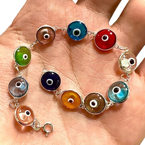 Multicolor Evil Eye Bracelet 925 Sterling Silver 10mm Crystal 7.5" Gift Women - Picture 3 of 4