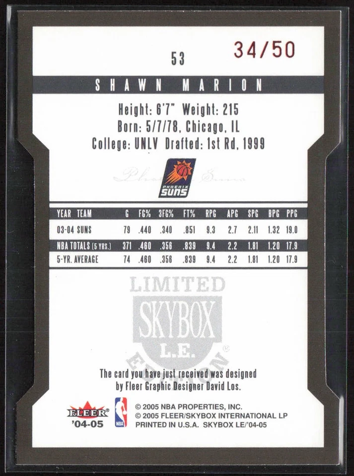 SkyBox LE 2004-05 prueba de artista #/50 Shawn Marion #53 Phoenix Suns Foto 2 de 2