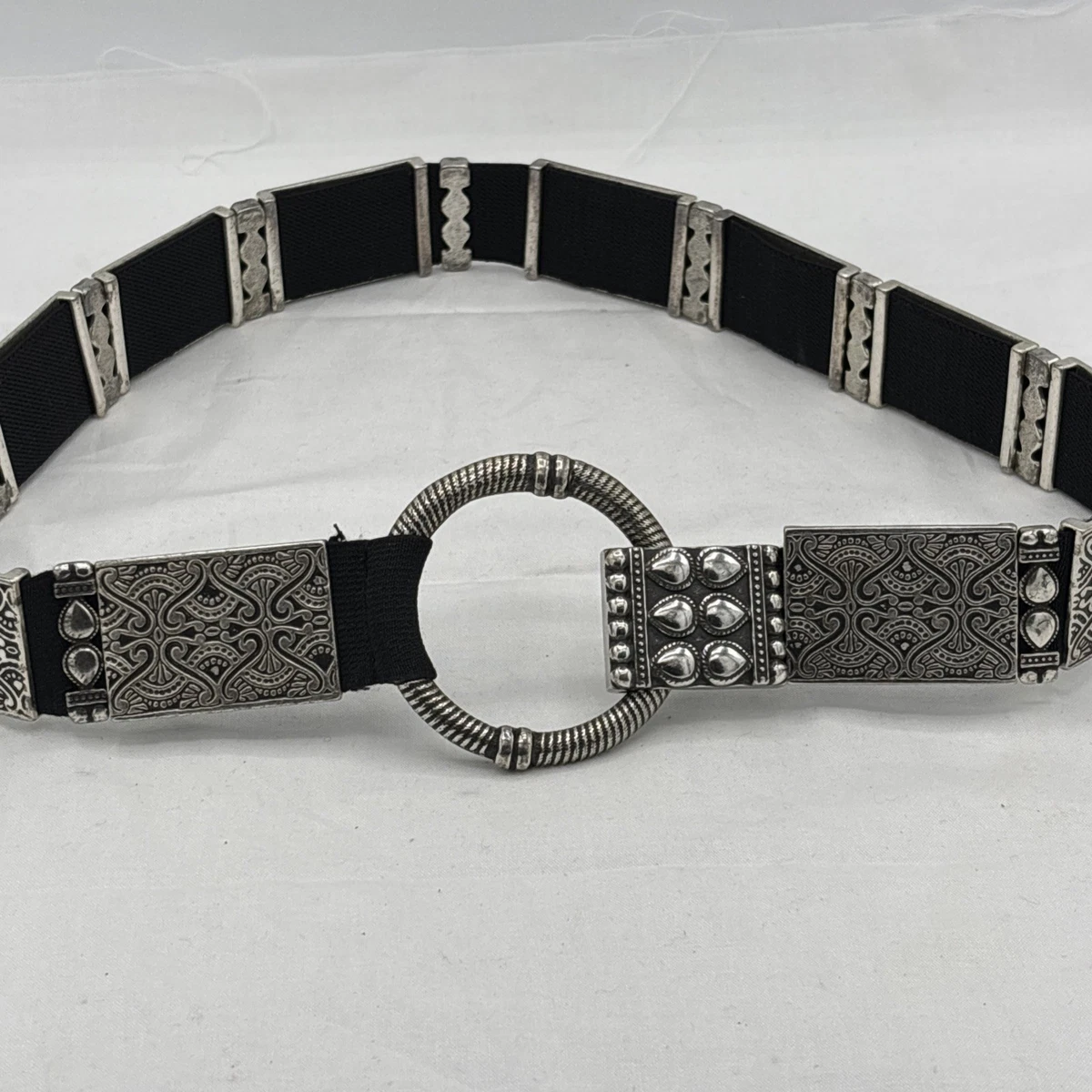 Vintage Chico’s Heavy Silver Tone Metal Panel Stretch Belt O Ring Boho, 32” Vintage Chicos Belt Elephant and Aztec Motif Silver and Gold  main image 2