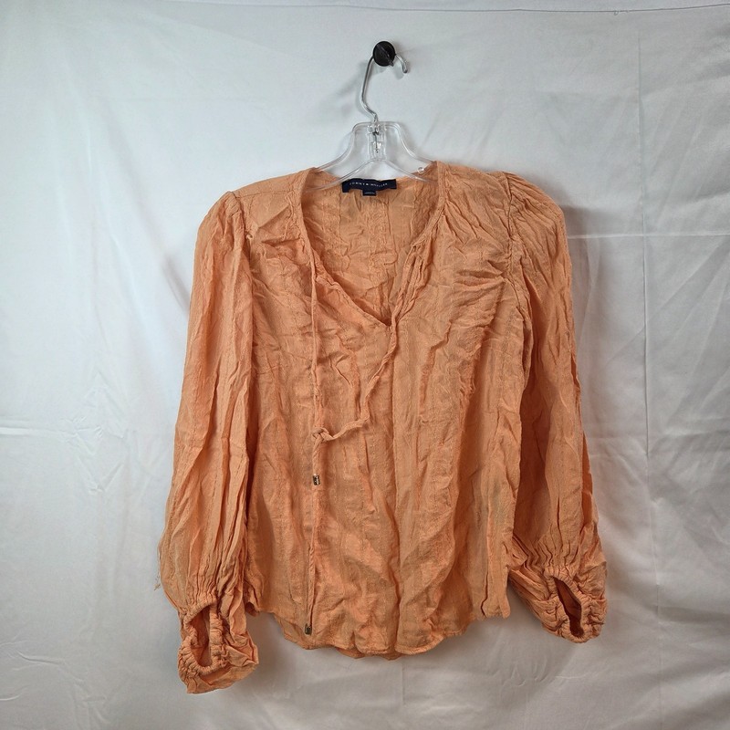 Tommy Hilfiger Peach Boho Blouse Top Womens Long Puff Sleeve V-Neck Size XS
