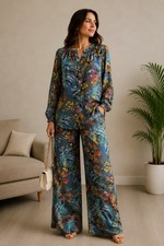 Vintage Floral Two Piece Set Wide Leg Pants  Button Up Blouse Size M