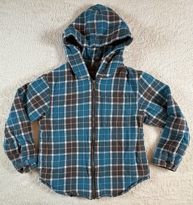 Colorful Planet Flannel Fleece Hooded Shirt Jacket Boys S (6/7) Turquoise Plaid