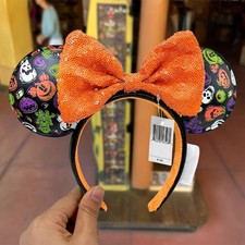 Disney- Parks Halloween Pumpkins with Orange Sequin Bow Minnie Ears Headband