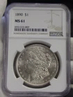 1890 US Morgan Silver Dollar $1 NGC MS61