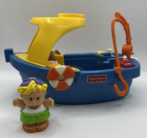Barca galleggiante vintage Fisher Price Little People barca da pesca bionda piccola gente ragazzo