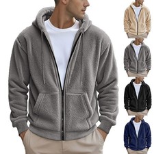 Men's Solid Color Fleece Hoodie Zip Up Hooded Sweatshirt Winter Jacket