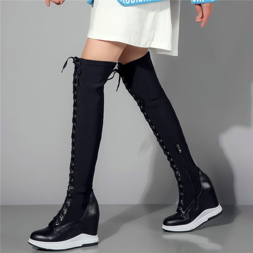 Plus size Women Leather Thigh High Boots Stretchy Over Knee Fashion Sneaker Pump - Picture 6 of 7