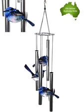 Metal Fairy Blue Wren 4 Tube Birds Wind Chime Natures Melody Hanging Decor Gift