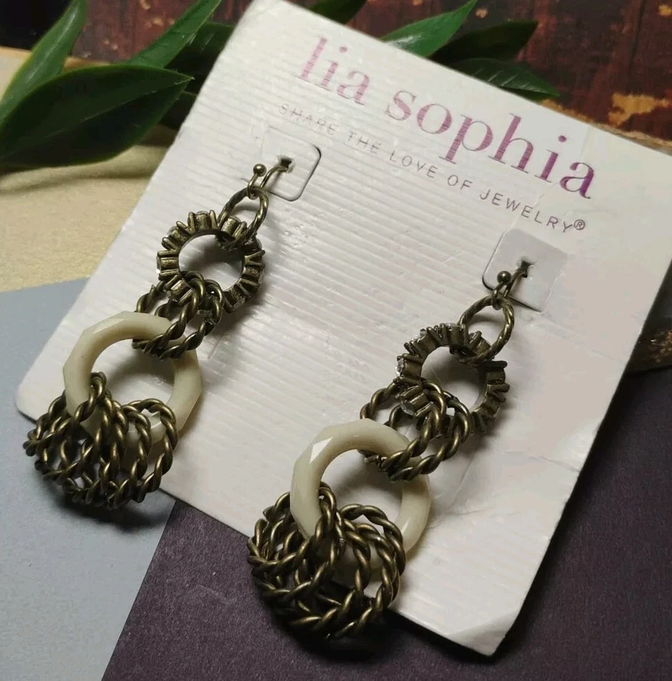 Diseñador LIA SOPHIA "Frenesí" Antiguo Tono Dorado Lazos en Pendientes de Tarjeta Originales! Foto 2 de 4