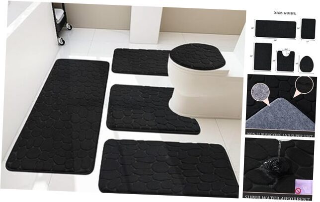 Bathroom Rugs Sets 5 Piece, Cobblestone Memory Foam Bathroom 5 Pieces Black