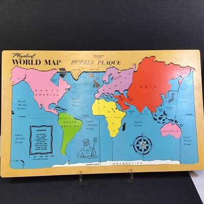 Vintage 1960's Playskool World Map Wood Puzzle Plaque Compass