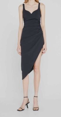 $465 Cinq A Sept Women's Black Sweetheart Asymmetric Poplin Midi Dress Size 6