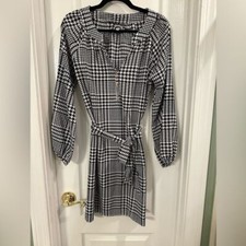 Women’s Medium Mud Pie Houndstooth Belted Dress Mini Midi Polyester 36.5” EUC