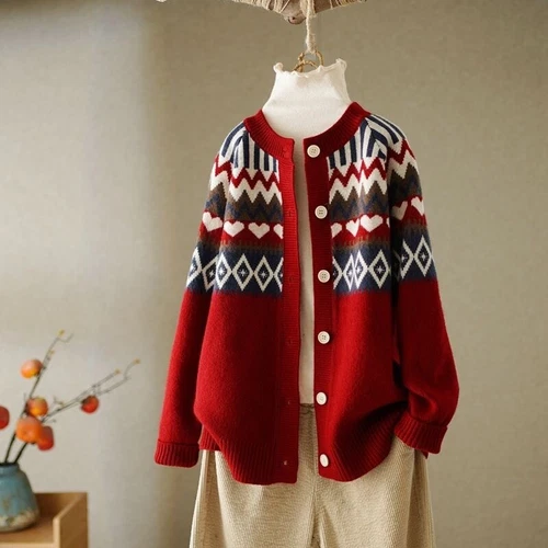 Lady Knitted Sweater Coat Jacket Tops Loose Cardigan Ethnic Knitwear Retro Warm - Bild 14 von 21