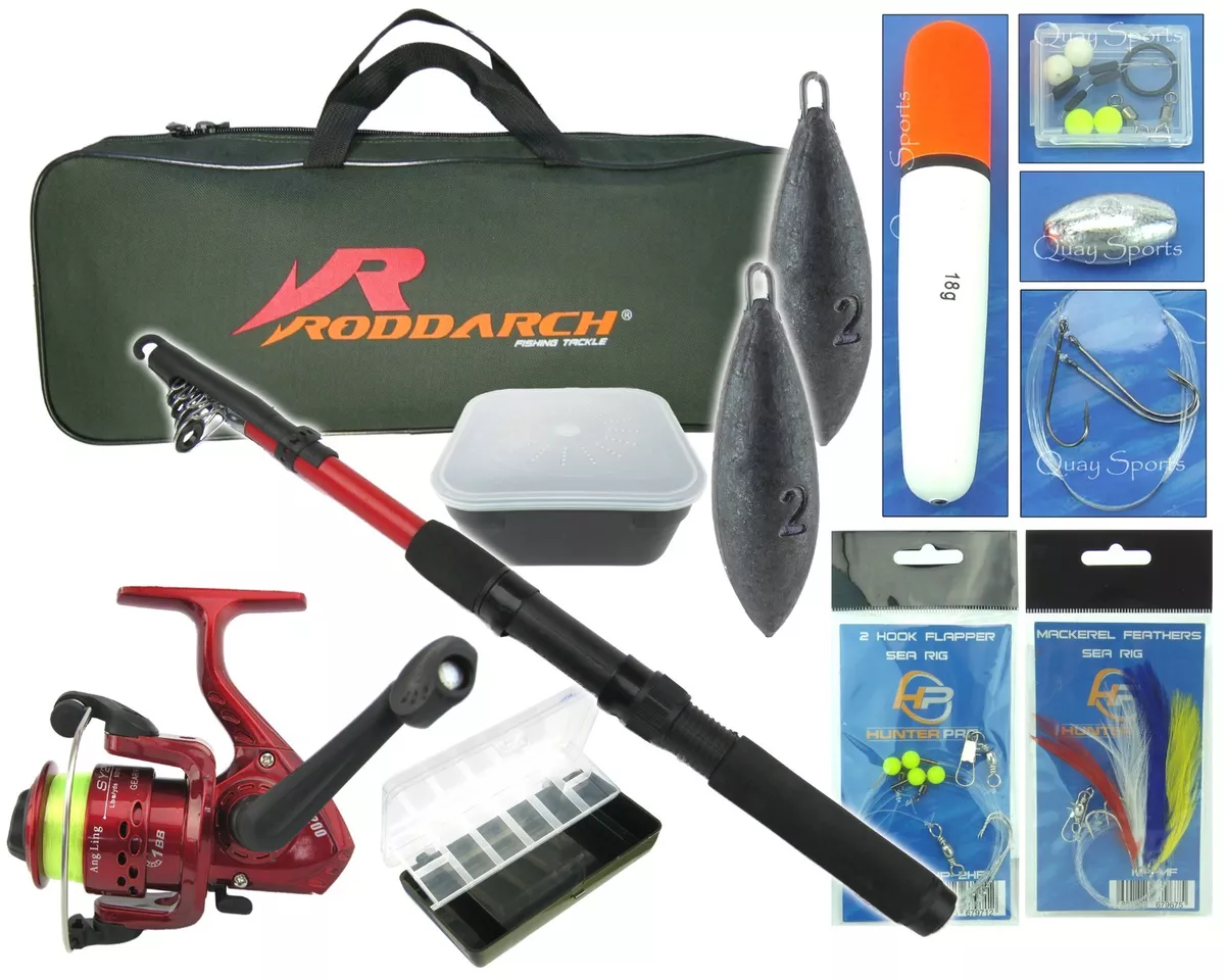 Junior Travel Sea Fishing Kit Set. Rod, Reel, Tackle, Tackle Box Weights &  Bag