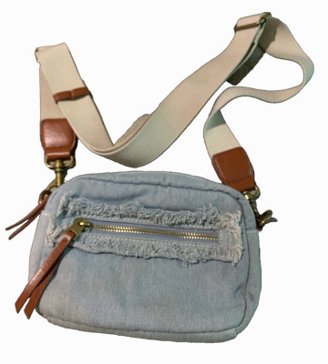 Distressed Denim Blue Crossbody Shoulder Bag Small Fringe Universal Thread