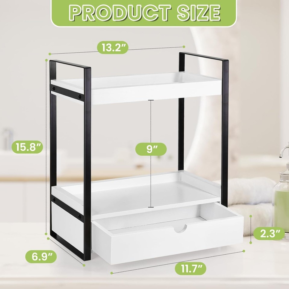 2-Tier Bathroom Organizer Countertop with Drawer, Wood Counter Shelf ...