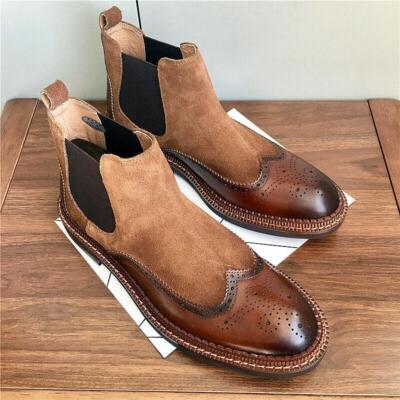 Men Wing Tip Leather Ankle Boot High Top Cotton Pad Brogue Carving