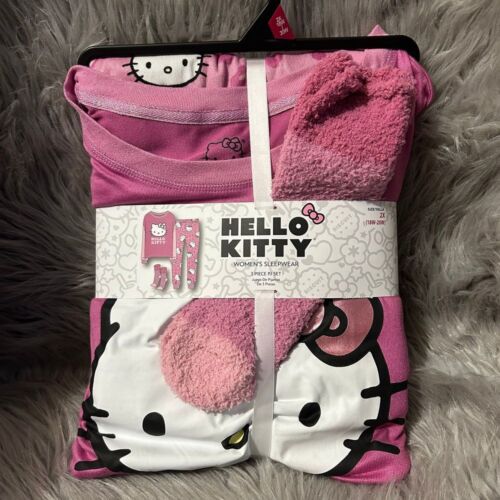 Hello Kitty 3 Piece Pajama Set Womens Size 2X (18W-20W) Pink Pajamas Pjs Socks