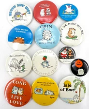 Vintage Boynton Pinback Button Funny Sarcasm Christmas Cat Hippo 1"-2" Lot of 13