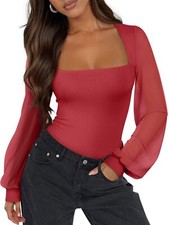 PINKMSTYLE Women's Square Neck Double Lined Mesh Long Sleeve Bodysuit