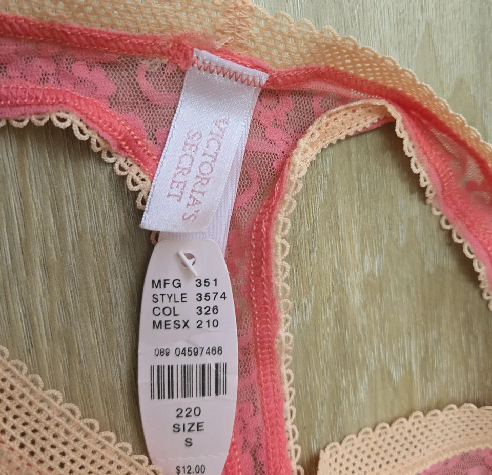 Calcinha fio dental de renda vintage Y2K Victoria's Secret rosa laranja nylon transparente nova com etiquetas P - Imagem 3 de 3
