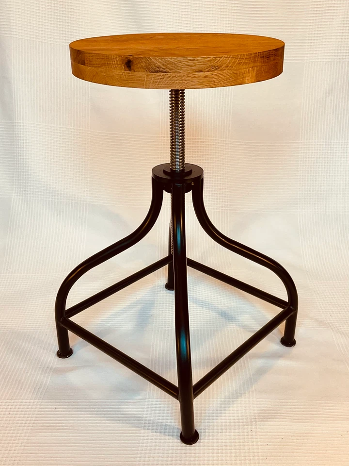 Bar stool, handmade, black painted steel, oak seat, adjustable height - Image 3 of 4