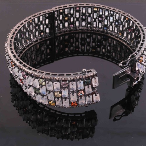 Prong Set Simulated Multi Cut Three Line Stone & Moonstone Bangle Women Bracelet - Picture 3 of 7