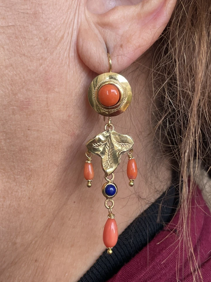 Orecchini in Art déco con Corallo Sciacca e onice - Immagine 4 di 4