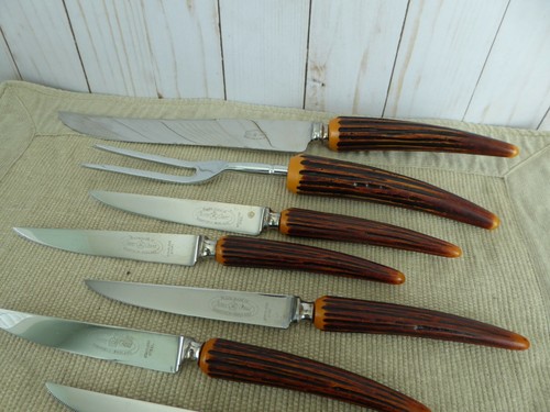 9 Vtg Regent Sheffield Steak Knives Knife Carver Fork England Faux Antler Horn - Picture 7 of 10