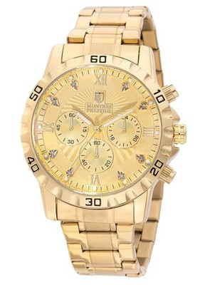Montres Prestige MPW-0329 Men's Gold Tone Chronograph Crystal Dial Watch New Box