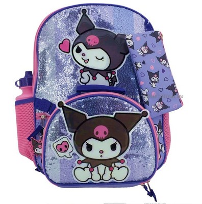 Kuromi Backpack Set 5 Piece Lunch Box Bag Lunchbox Case Tote Sequins Hello Kitty