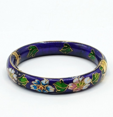Vintage Cloisonné Floral Cobalt Blue Enamel  Gold Hinge Bangle Bracelet