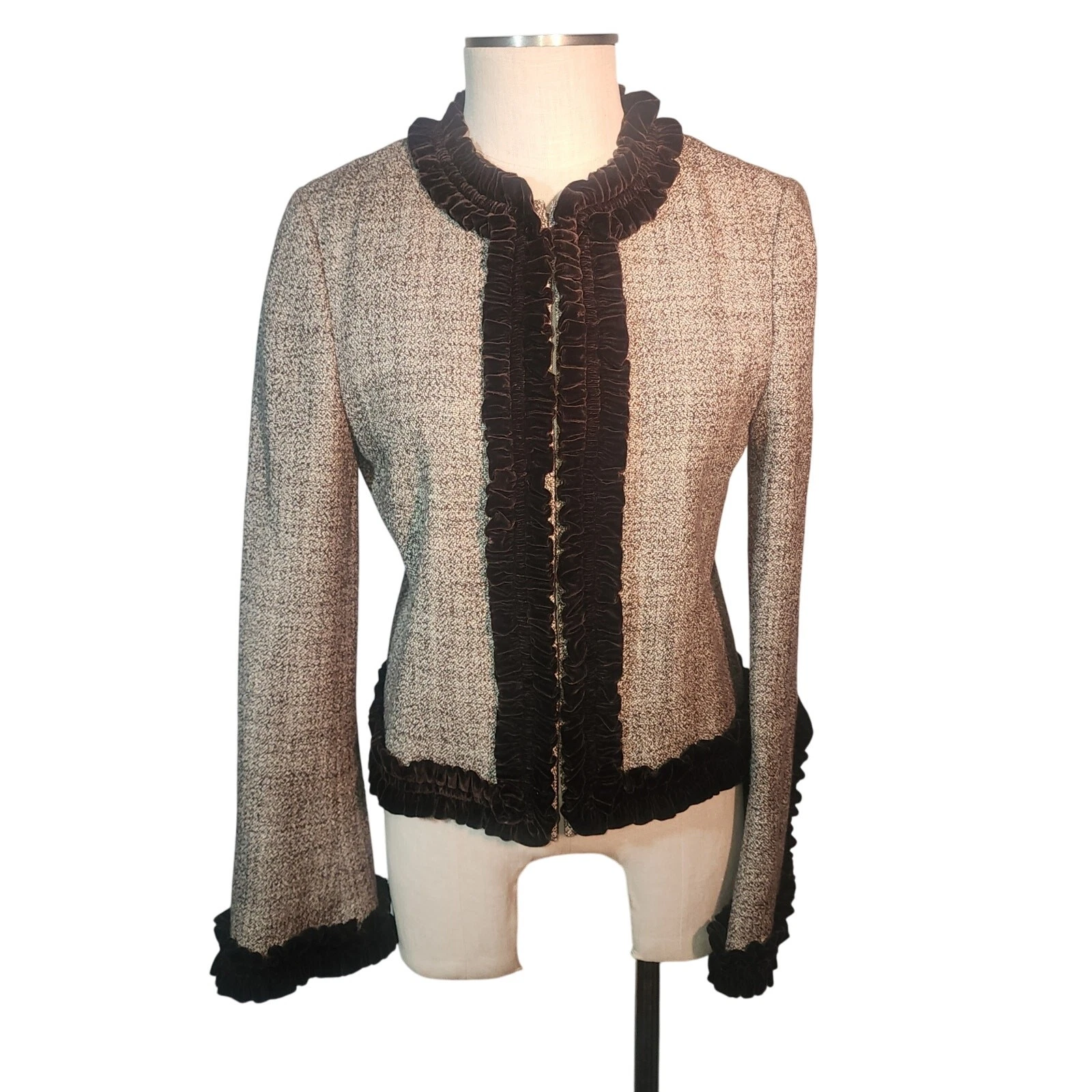 Giacca senza colletto TORY BURCH taglia 8 marrone tweed velluto bordato