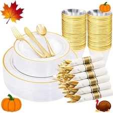 Best WELLIFE 210 Piece Gold Plastic Dinnerware Set, Include 30 Dinner Plates