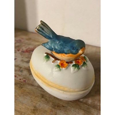 Blue Bird Decorated Dresser Jar or Jewelry Box, Beautiful Egg-Shaped Bisque
