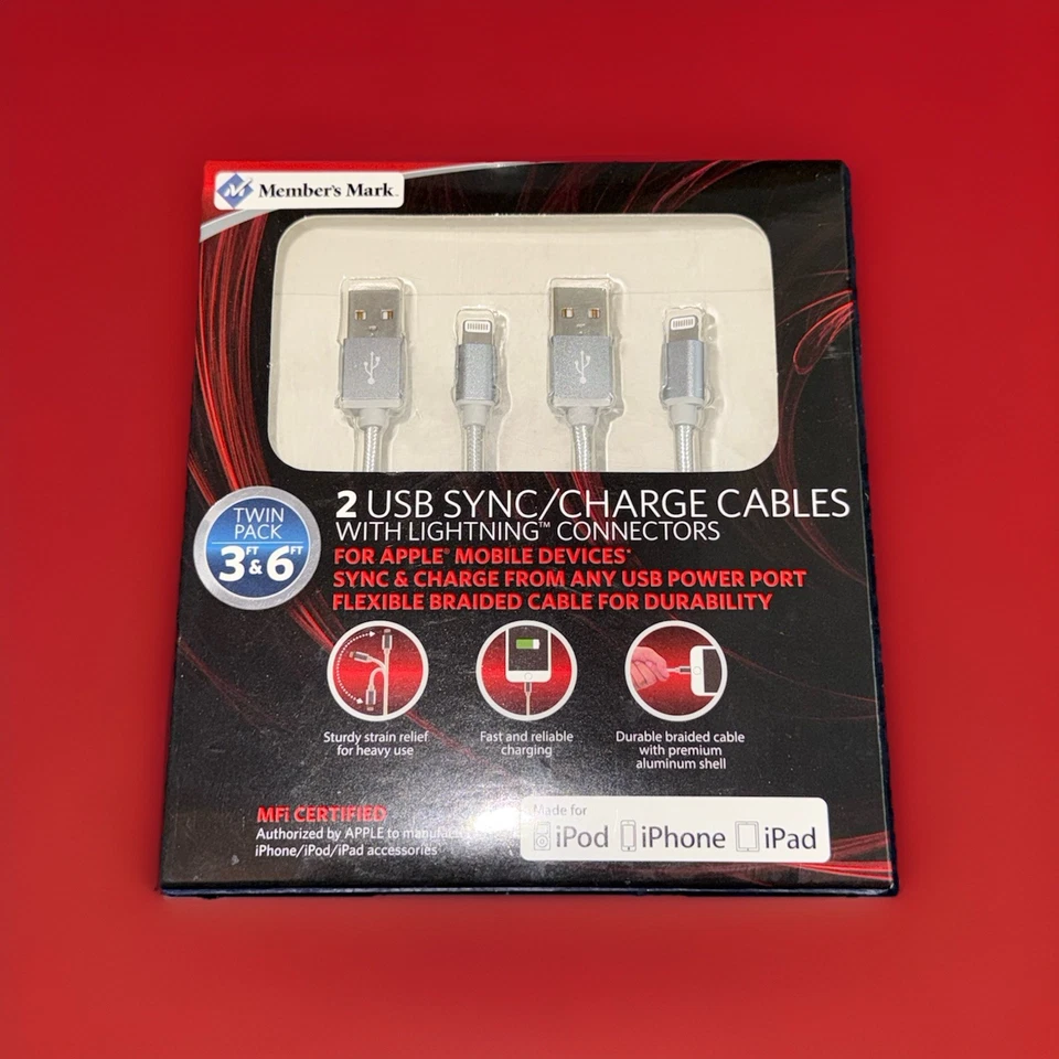 Cables Member's Mark Apple USB Lightning de 3 pies y 6 pies (2 paquetes) Foto 2 de 3