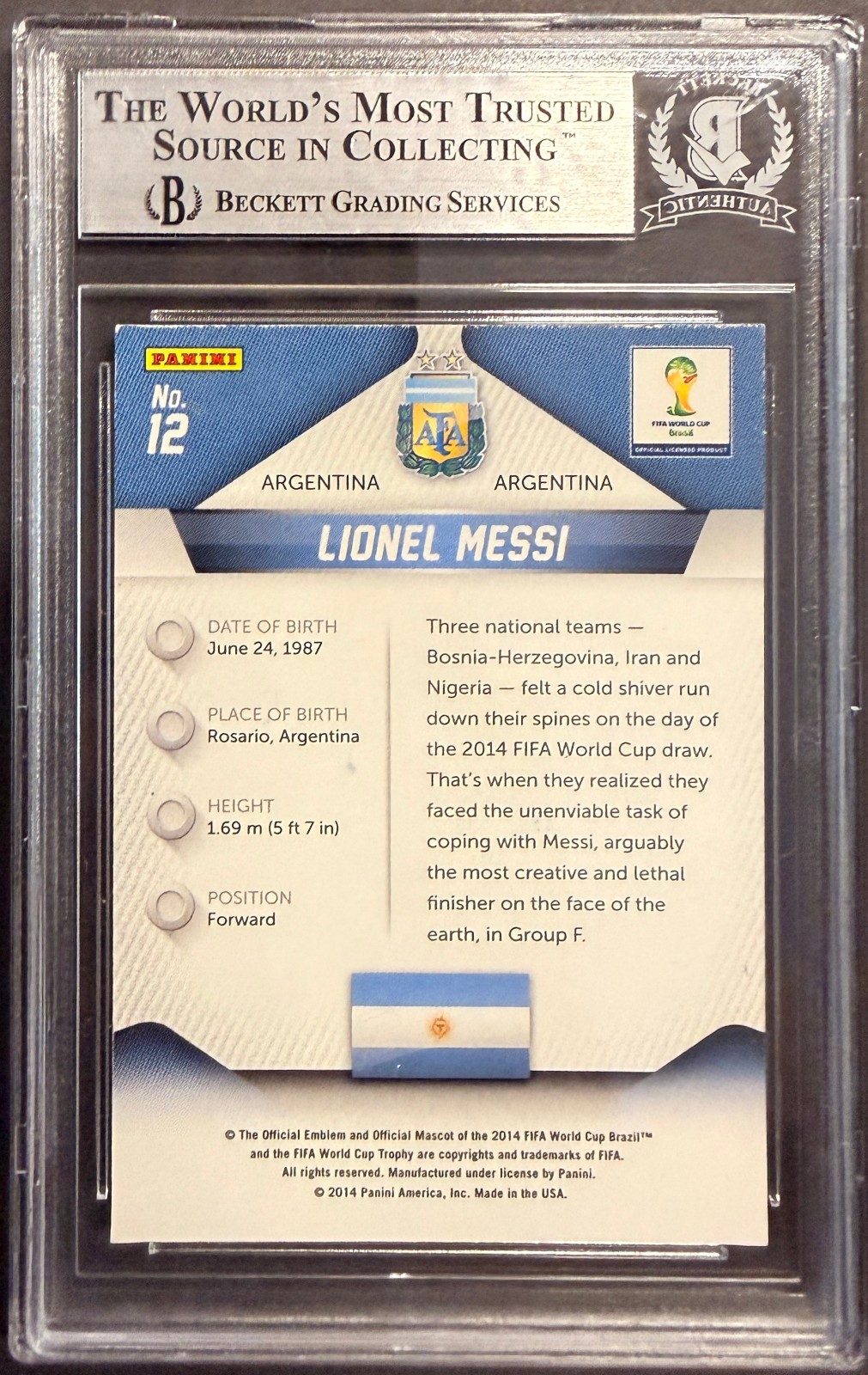 2014 Panini Prizm FIFA World Cup #12 Lionel Messi Beckett AUTO AUTHENTIC view 2