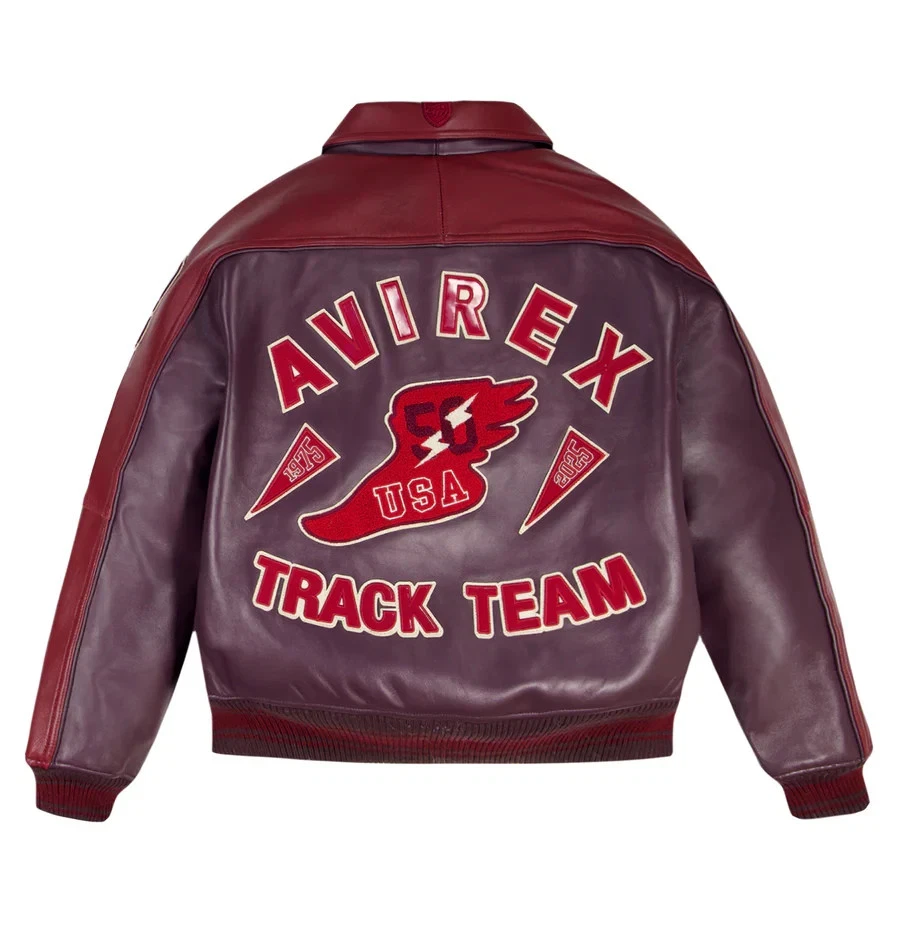 Avirex Style Cherry Red Leather Jacket Old Money Preppy Varsity Track Team Coat