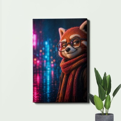 Neon rain bokeh red panda portrait Canvas Art