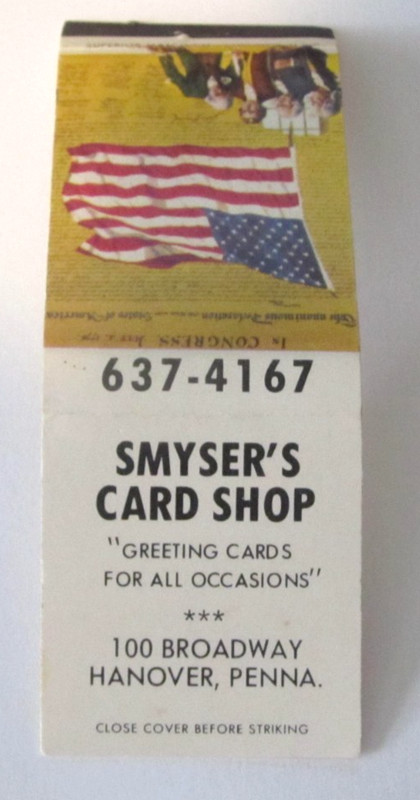 Vintage Matchbook Cover Smyser's Card Shop Greeting Cards Patriotic Hanover, PA