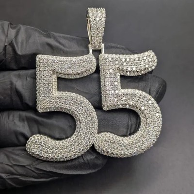 3Ct Round Cut Real Moissanite Custom 55 Number Pendant 14K White Gold Plated