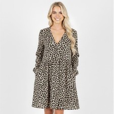 Old Navy Womens S Tall Leopard Print Long Sleeve Tiered Mini Dress Bump Friendly