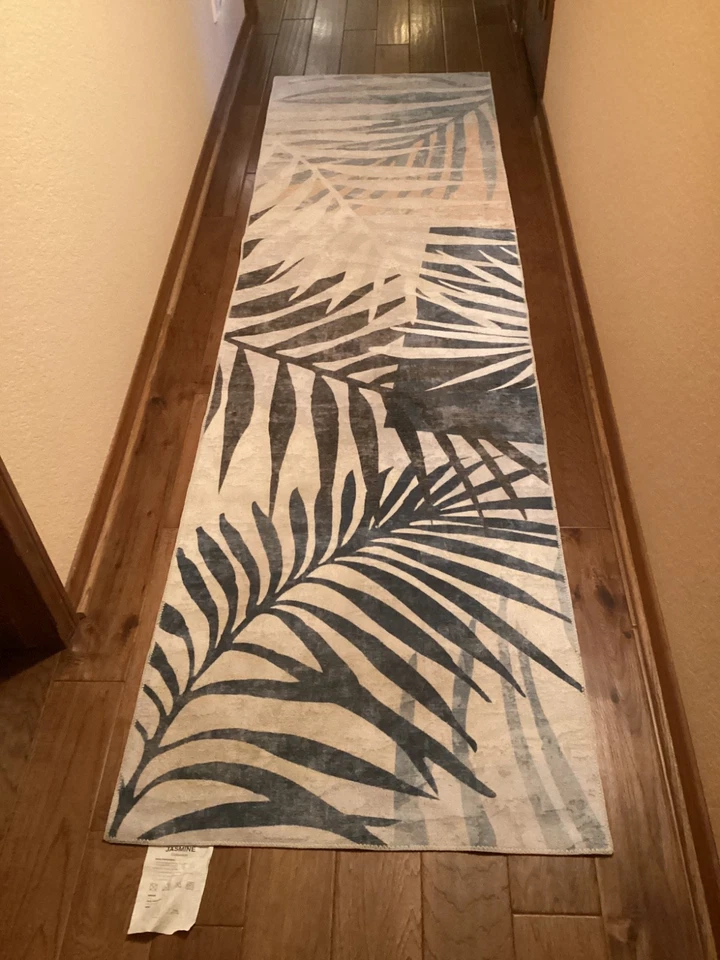 DECOMALL Jasmine Lo-Pile Blue Palm Leaf Runner Rug 2.5’x9’ Washable Non-Slip - Image 2 of 4