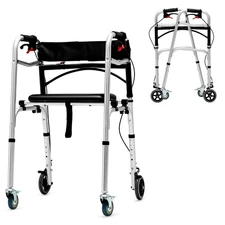 Standard Walker 2-button Folding Walker w/5" Wheels Trigger Release for Seniors