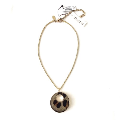 CHICO'S Animal Print Pendant Necklace REVERSIBLE Gloss Black ADJUSTABLE