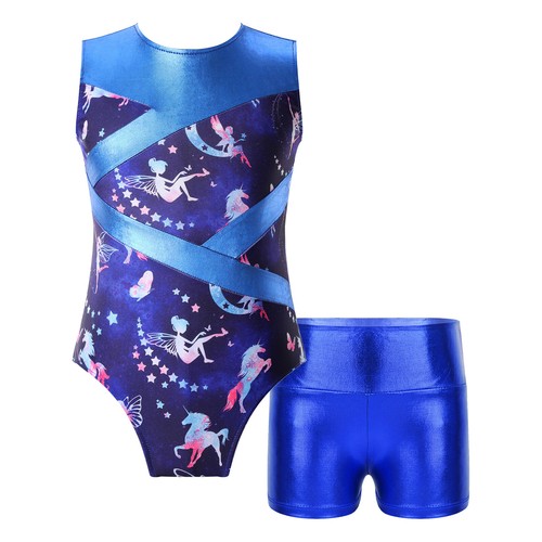 Kids Girls Gymnastic Dance Sports Outfits Sleeveless Printed Leotard Shorts Set - Picture 2 of 30