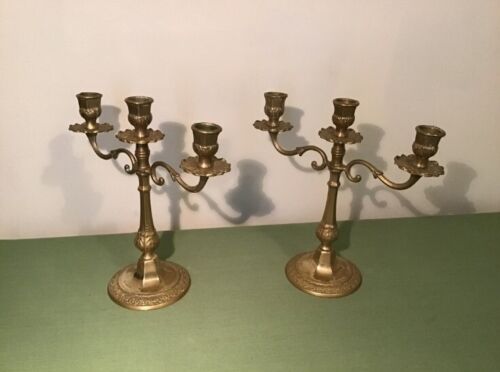 French vintage pair of solid brass triple candlestick holders - 第 7/10 張圖片