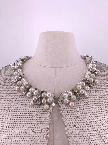 Boston Proper Sequin & Pearl Embellished Jacket Beige Cream Women's Medium - Picture 3 of 12