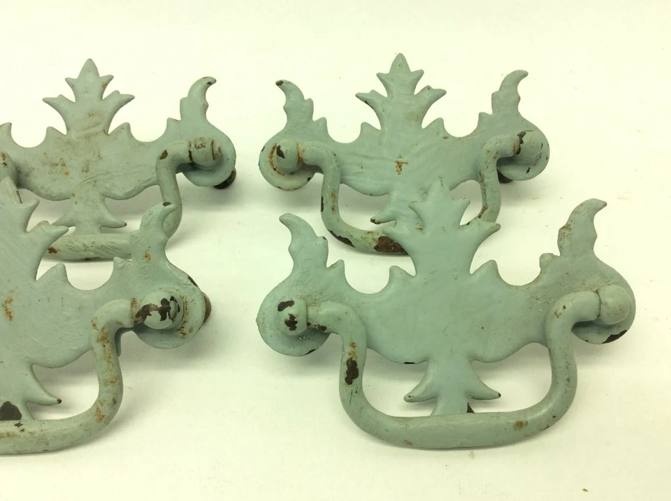 Vintage Set 6 Used Metal Painted Light Blue Decorative Dresser Drawer Pulls  - Image 3 of 4